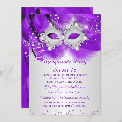 Sweet 16 Party Mask Purple Silver Masquerade Invitation