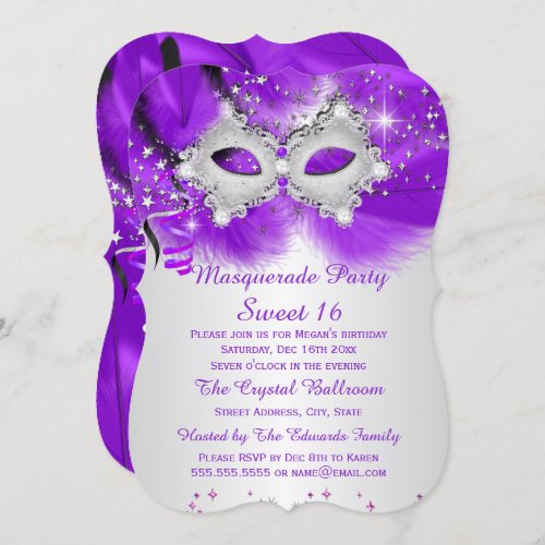 Sweet 16 Party Mask Purple Silver Masquerade Invitation