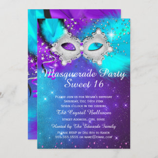 Sweet 16 Party Mask Teal Purple Silver Masquerade Invitation