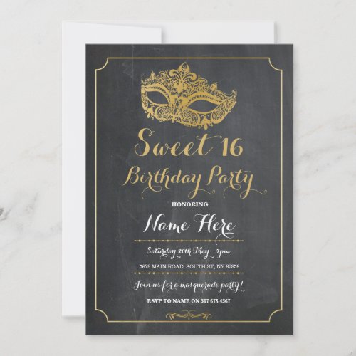 Sweet 16 Party MASQUERADE Birthday Gold Mask Chalk Invitation