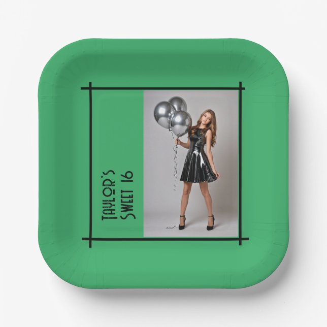 sweet 16 party napkin lilac green black photo paper plates (Front)
