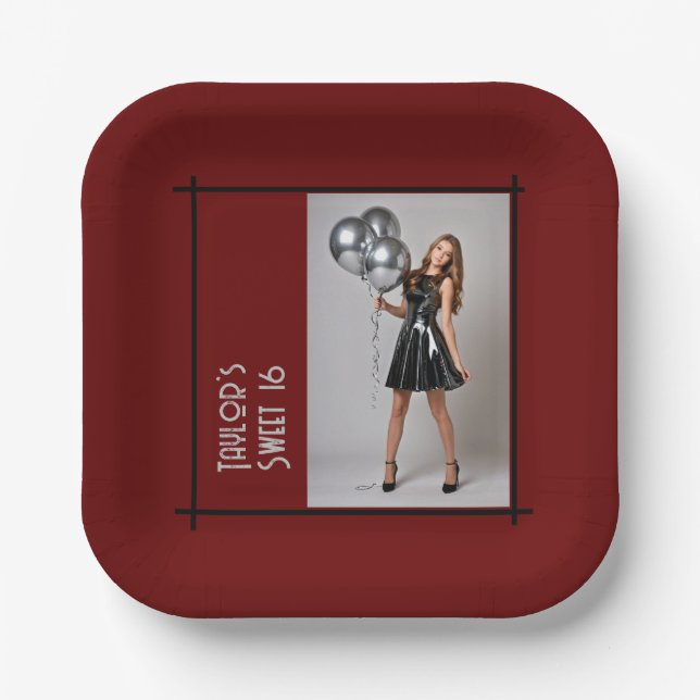 sweet 16 party paper napkin burgundy red black  plates (Front)