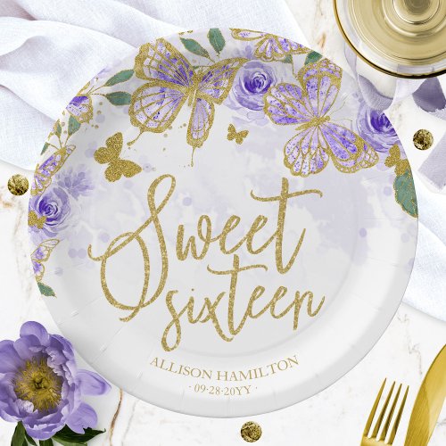 Sweet 16 Party Paper Plate Purple Butterfly Floral