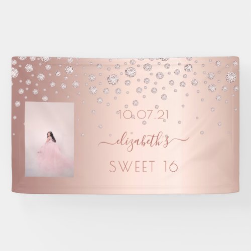 Sweet 16 party photo rose gold pink shiny diamonds banner