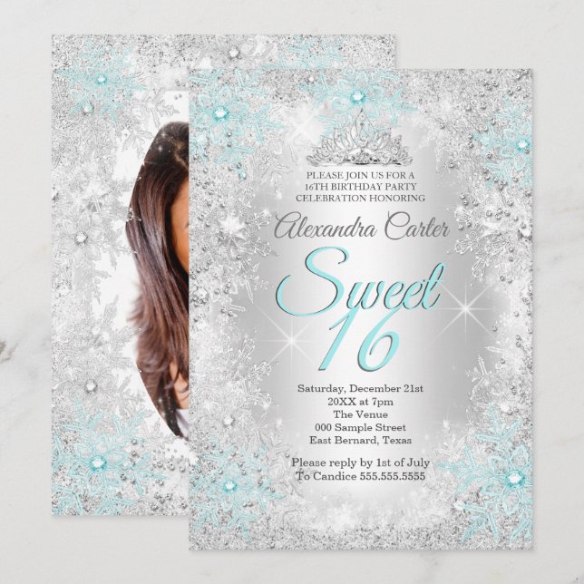 Sweet 16 Party Photo Silver Teal blue Snowflake Invitation (Front/Back)