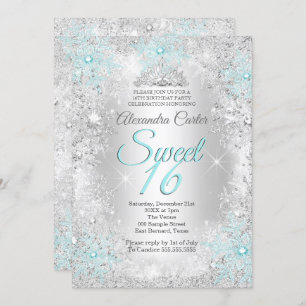 Sweet 16 Party Photo Silver Teal blue Snowflake Invitation