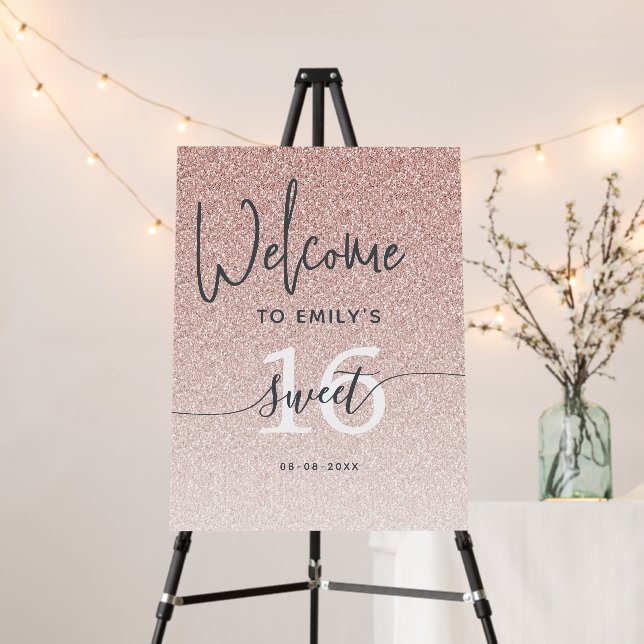 Sweet 16 Party Pink Glitter Welcome Sign (In Situ (Stand))