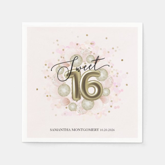 Sweet 16 Party Pink Gold Confetti Napkins (Front)