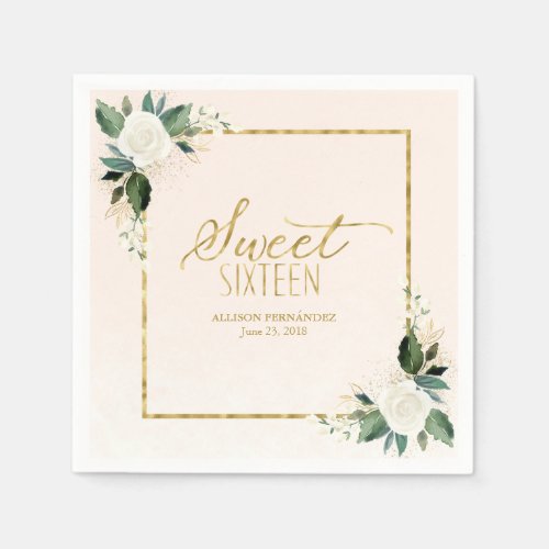 Sweet 16 Party Pink Gold Foil Floral Napkins