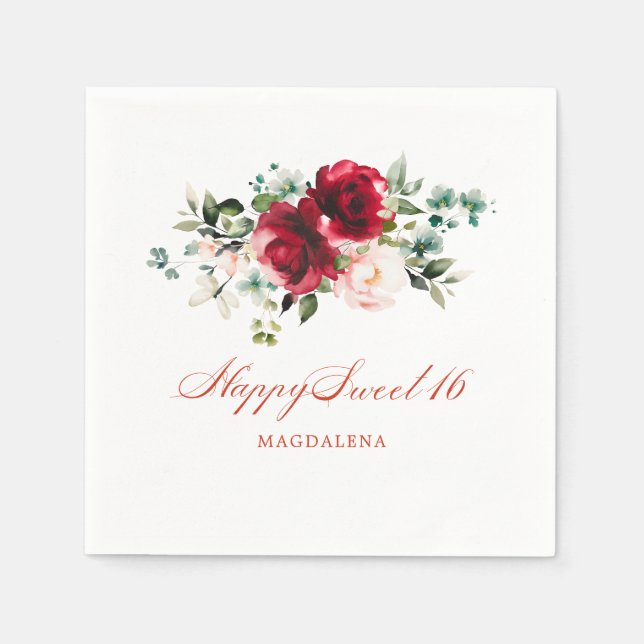 Sweet 16 Party Pink Red Floral Custom Napkins (Front)