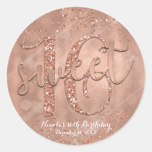 Sweet 16 Party Pink Rose Gold Glamour Favor Classic Round Sticker