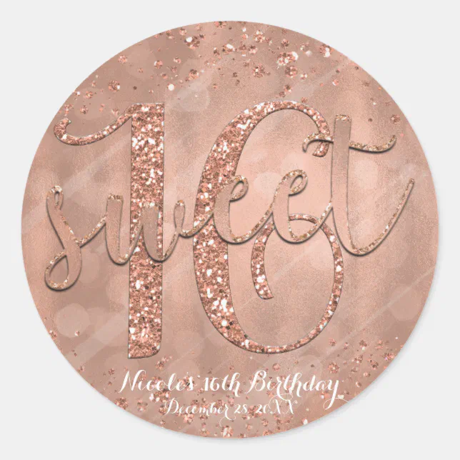 Sweet 16 Party Pink Rose Gold Glamour Favor Classic Round Sticker | Zazzle