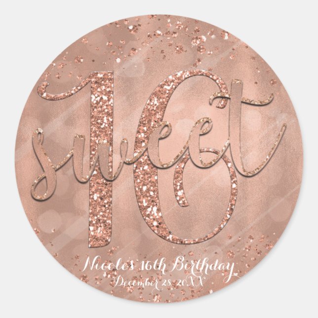 Sweet 16 Party Pink Rose Gold Glamour Favor Classic Round Sticker (Front)