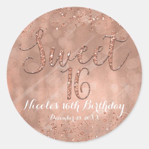 Sweet 16 Party Pink Rose Gold Glamour Favor Classic Round Sticker