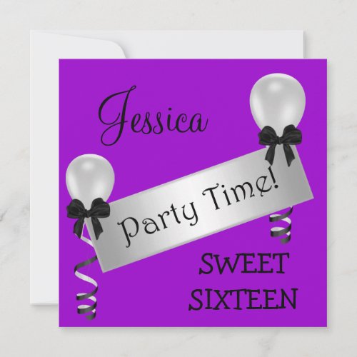 Sweet 16 Party Purple Black Silver Bows Balloons Invitation
