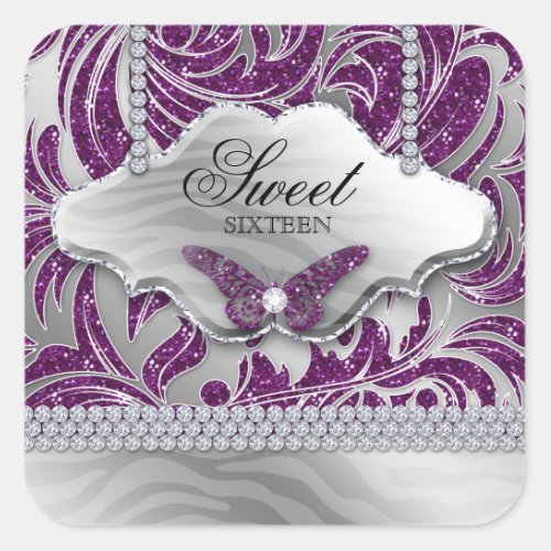 Sweet 16 Party Purple Jewelry Butterfly Square Sticker