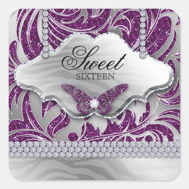 Sweet 16 Party Purple Jewelry Butterfly Square Sticker (Front)