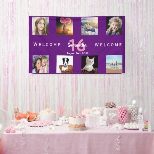 Sweet 16 party purple pink welcome photo banner