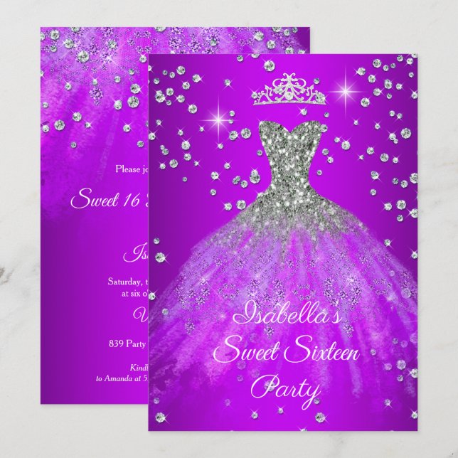 Sweet 16 Party Purple sparkle dress TIARA Invitation (Front/Back)