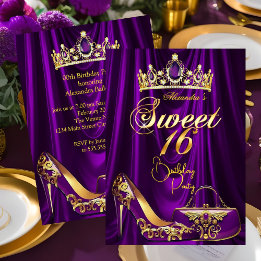 Sweet 16 Party Purple Tiara High heel Purse Gold Invitation