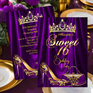 Sweet 16 Party Purple Tiara High heel Purse Gold Invitation