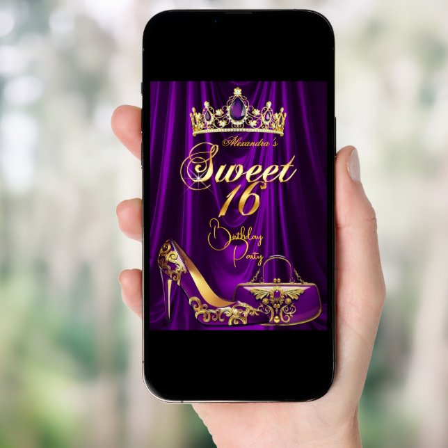Sweet 16 Party Purple Tiara High heel Purse Gold Invitation (Front Digital)