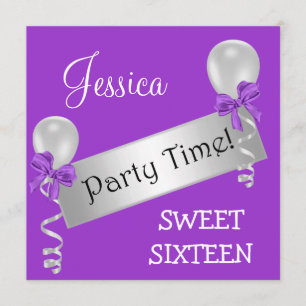 Sweet 16 Party Purple White Silver Bows Balloons Invitation