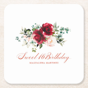 Sweet 16 Party Red Pink Floral Custom Square Paper Coaster