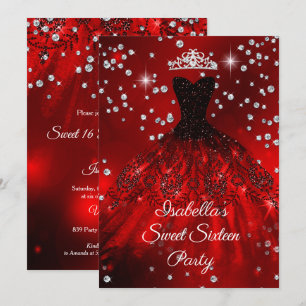 Sweet 16 Party Red sparkle dress TIARA Invitation