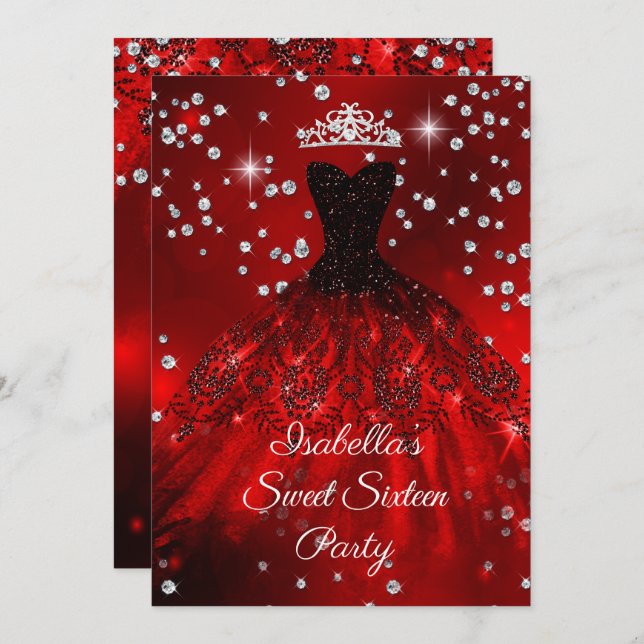 Sweet 16 Party Red sparkle dress TIARA Invitation (Front/Back)