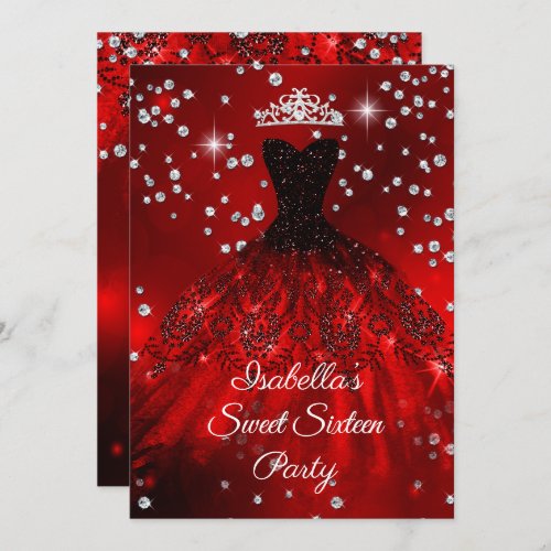 Sweet 16 Party Red sparkle dress TIARA Invitation