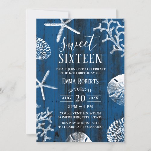 Sweet 16 Party Rustic Navy Blue Beach Starfish Invitation