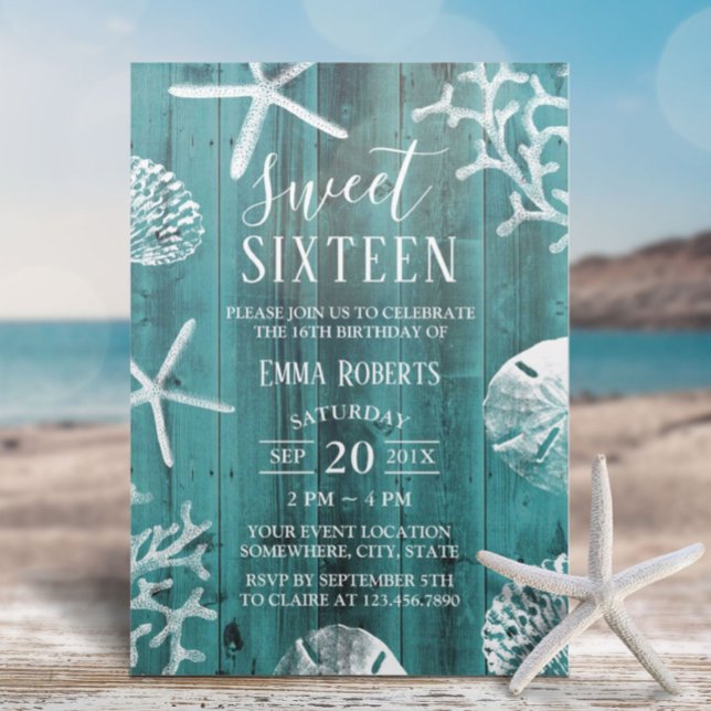 Sweet 16 Party Rustic Teal Beach Starfish Invitation (Creator Uploaded)