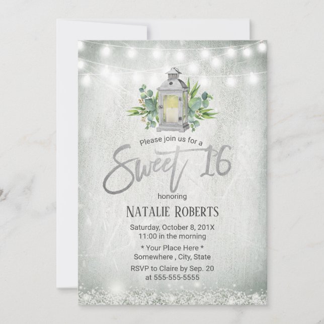 Sweet 16 Party Rustic White Lantern String Lights Invitation (Front)