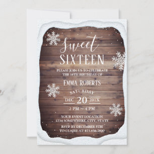 Sweet 16 Party Rustic Winter Snow Frame Snowflakes Invitation