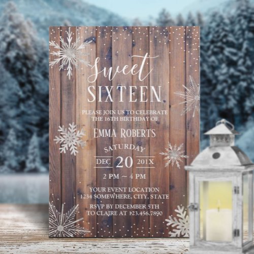 Sweet 16 Party Rustic Winter Snowflakes Barn Wood Invitation