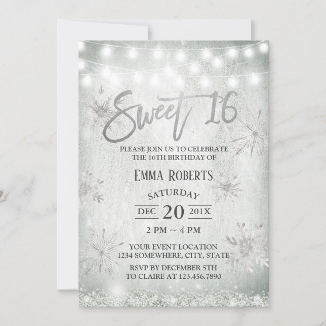 Sweet 16 Party Rustic Winter Snowflakes Invitation (Front)