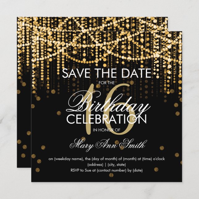 Sweet 16 Party "Save The Date" Gold String Lights Invitation (Front/Back)