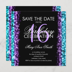Sweet 16 Party Save The Date Sparkles Purple Teal Invitation