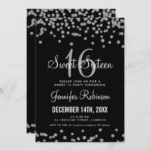 Sweet 16 Party Silver & Black Glitter Confetti Invitation
