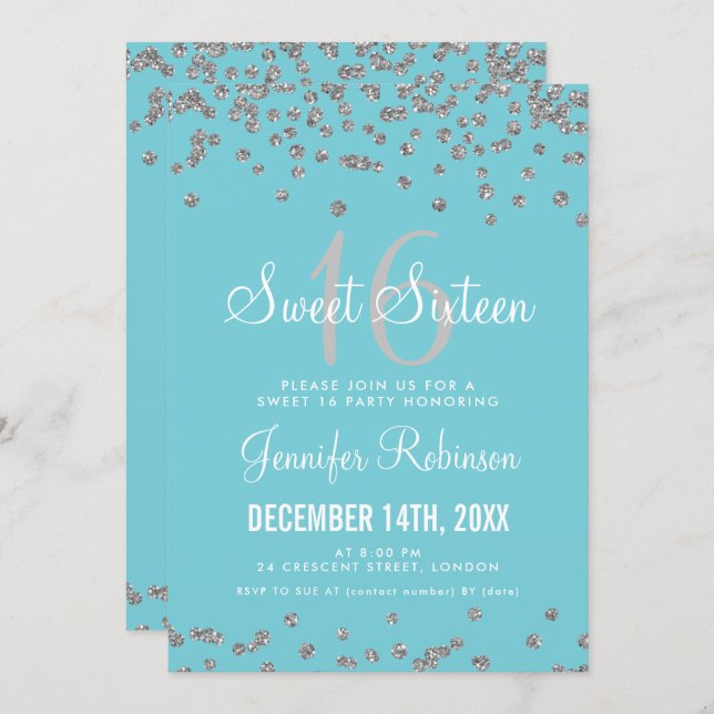Sweet 16 Party Silver & Blue Glitter Confetti Invitation (Front/Back)