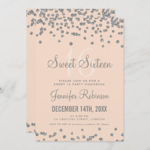 Sweet 16 Party Silver & Blush Glitter Confetti Invitation