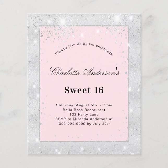 Sweet 16 party silver blush pink budget invitation (Front)