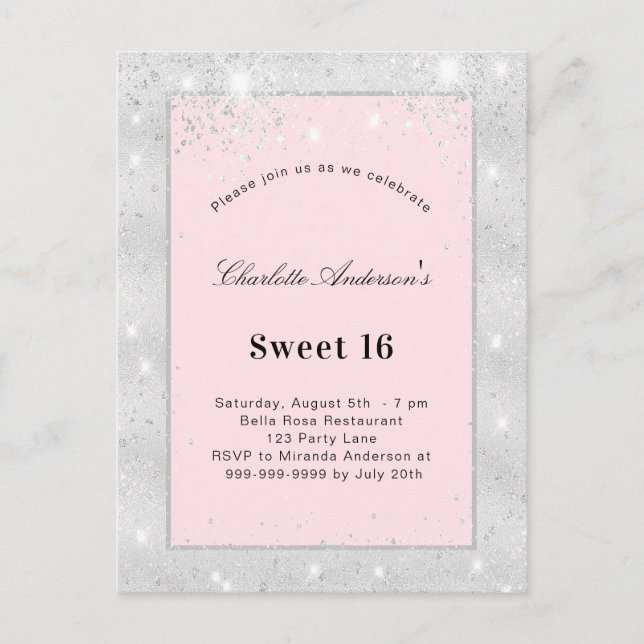 Sweet 16 party silver blush pink glitter invitation postcard (Front)