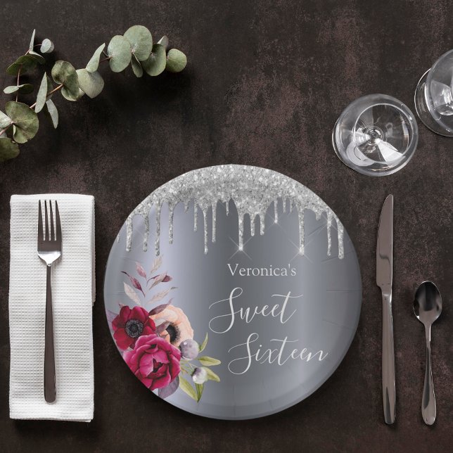 Sweet 16 party silver floral burgundy paper plates (Creator Uploaded)