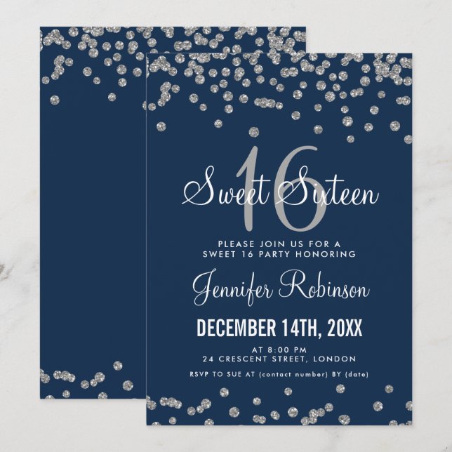 Sweet 16 Party Silver & Navy Glitter Confetti Invitation (Front/Back)