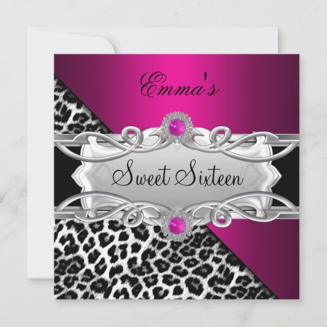 Sweet 16 Party Silver Pink Black White Leopard Invitation (Front)