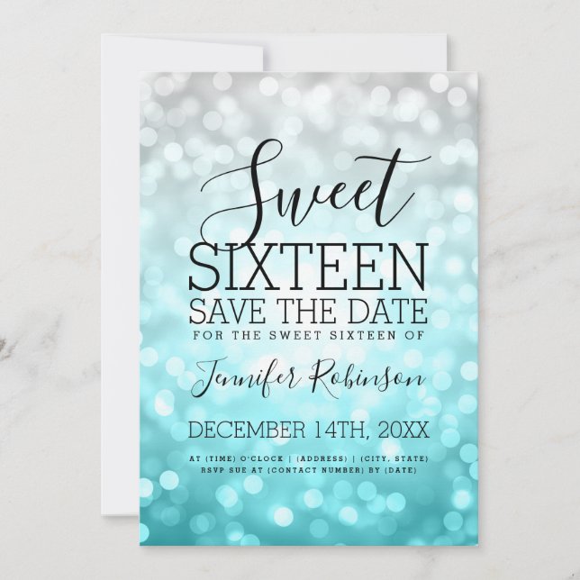 Sweet 16 Party Silver Teal Glitter Lights Save The Date (Front)
