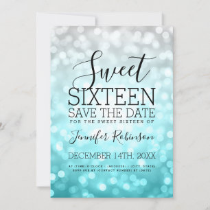 Sweet 16 Party Silver Teal Glitter Lights Save The Date