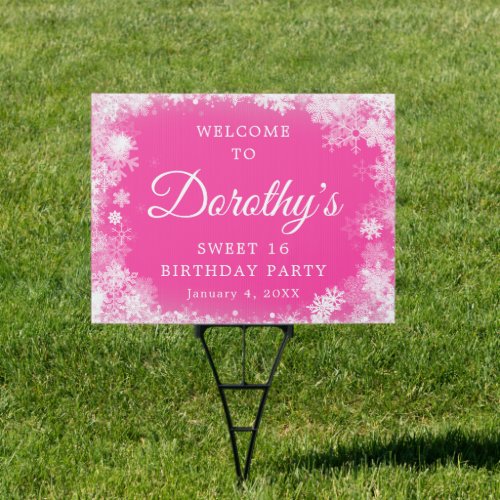 Sweet 16 Party Snowflake Pink Welcome Yard Sign